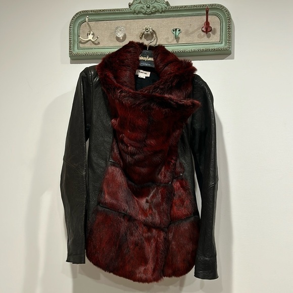 Helmut Lang red rabbit Fur Leather Coat Jacket Sz small women’s black zip up - Picture 2 of 9